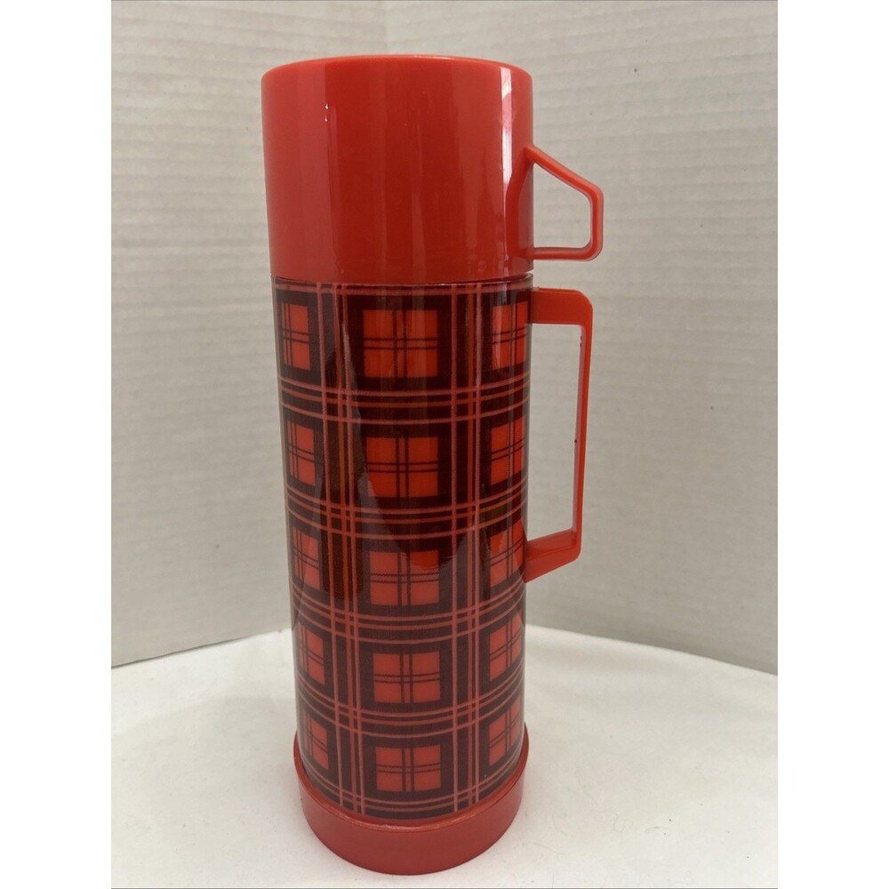Vintage Aladdin Quart Thermos Complete 12" Tall  Red Plaid